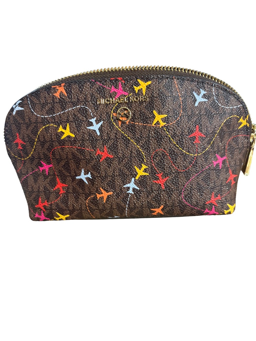Michael Kors Brown Multicolor Jet-Set Airplane Print Cosmetic Pouch